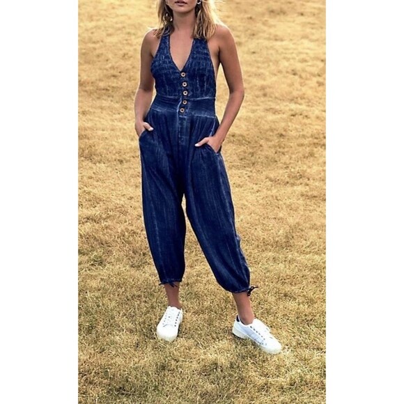 Free People Pants - Free People Blue Jumpsuit Women Balloon Leg Button Up Retro Boho  Preppy Small